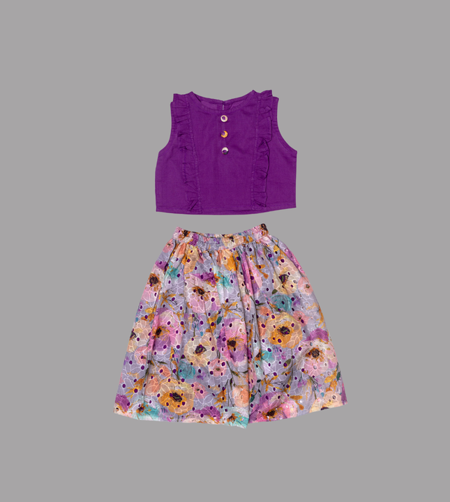 Girls Chic Purple Top & Floral Hakoba Cotton Skirt