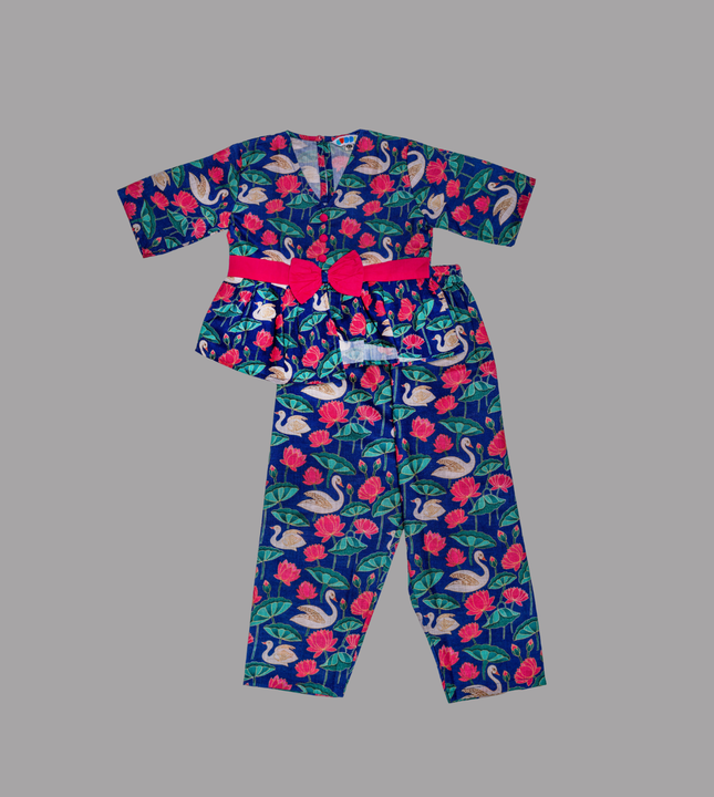 Girls Swan & Lotus Printed Co-ord Set with Pink Bow Belt