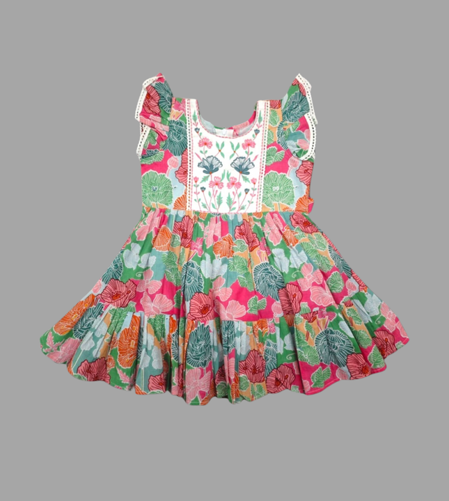 Girls Floral Fantasy Cotton Dress with Embroidered Neck