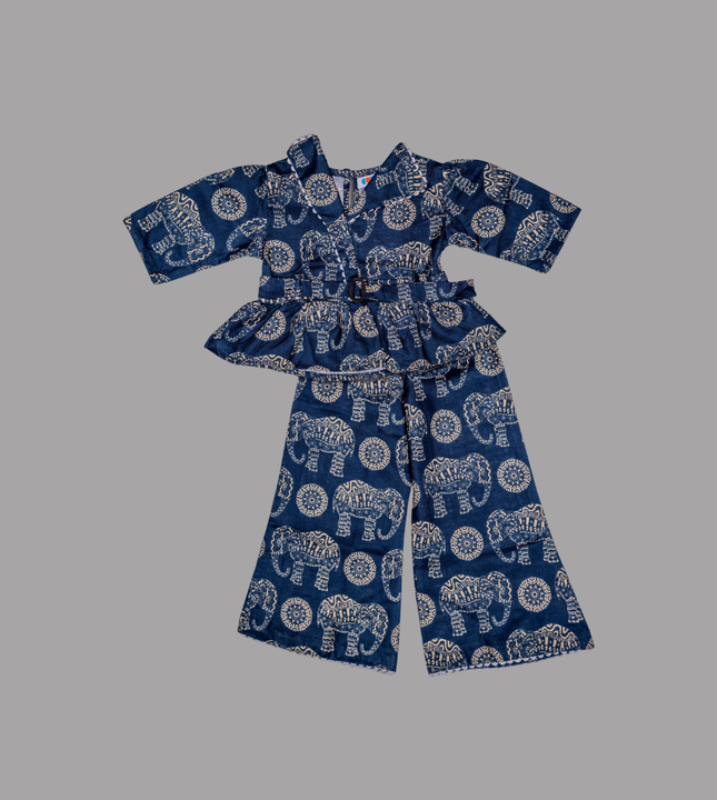 Girls Navy Blue Elephant Print Cotton Co-ord Set