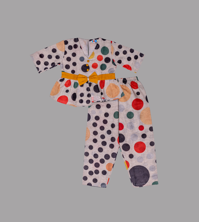 Girls Multicolor Polka Dot Co-ord Set with Mustard Bow Belt