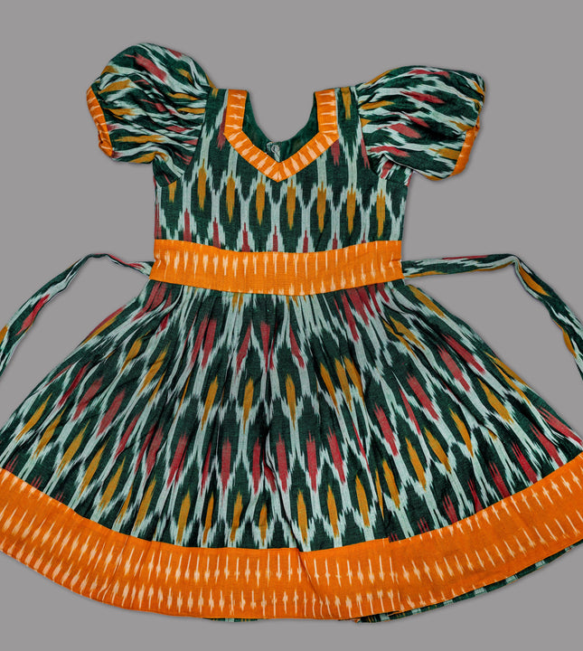 Girls Green & Mustard Ikkat frock