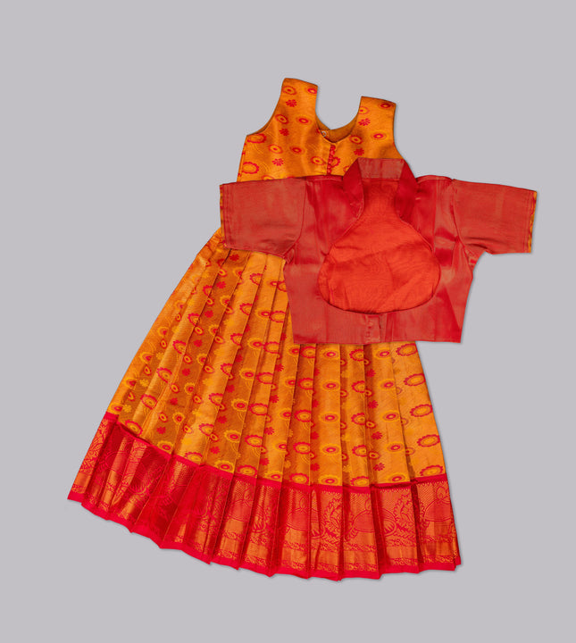 Girls Red and Orange Pattu Frock with Jacket