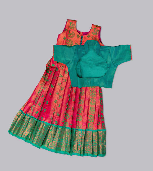 Girls Pink & Green Pattu Frock with Jacket