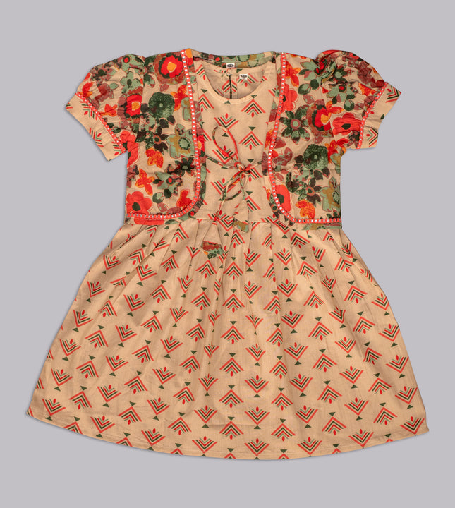 Girls Floral & Geometric Printed Cotton Frock