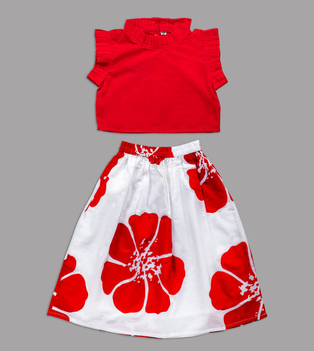 Girls Red Ruffle Top & Floral Skirt Set