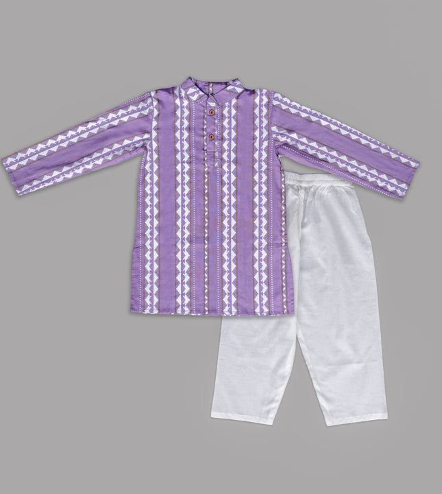 Boys Purple Striped Kurta with White Pajama