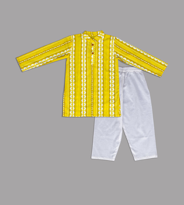 Boys Yellow Striped Kurta with White Pajama