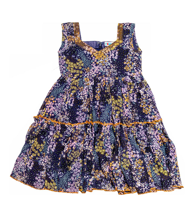 Girls Navy Blue Floral Tiered Dress with Sequin Details