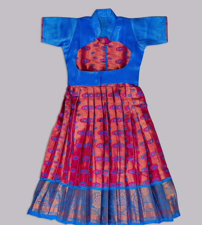 Girls Blue and Pink Pattu Frock with Jacket
