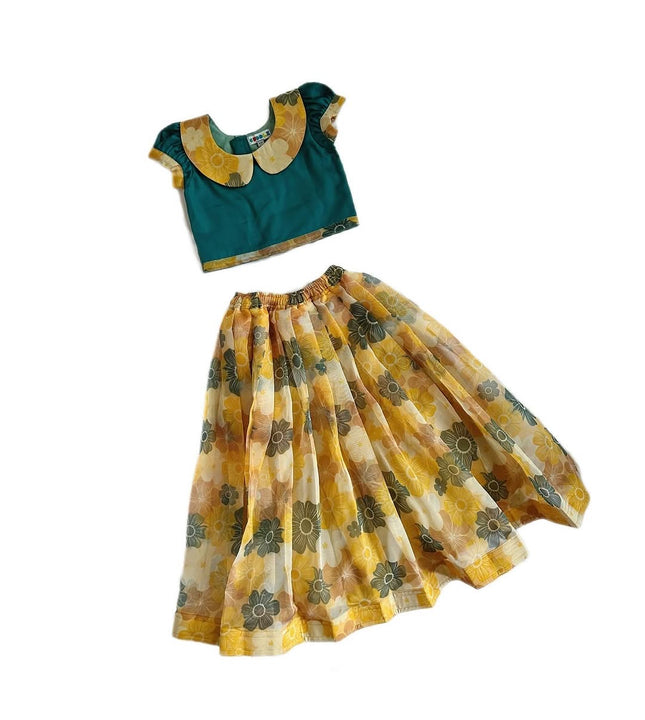 Girls Teal and Yellow Bloom Lehenga Set