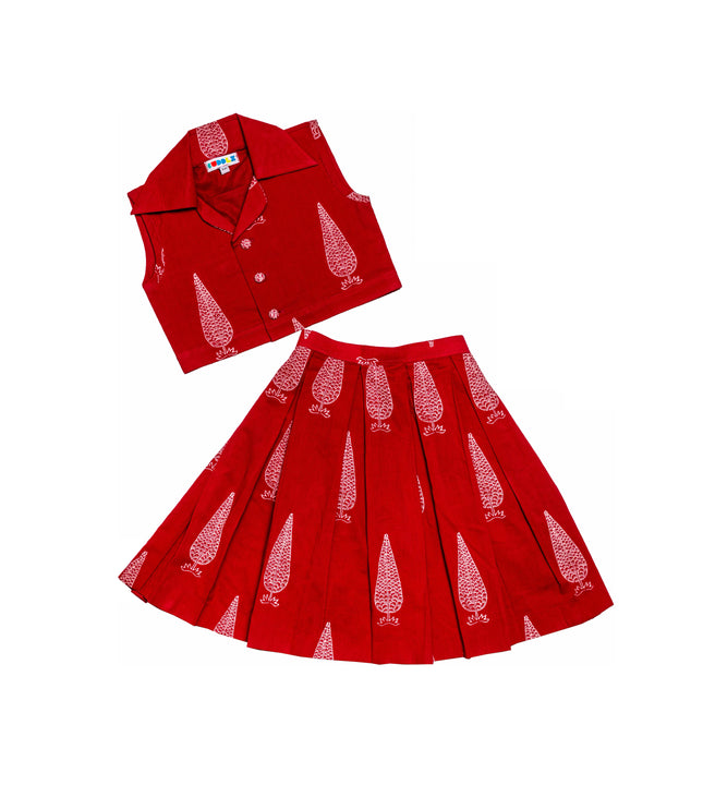 Girls Scarlet Block Print Knee-Length Skirt Set