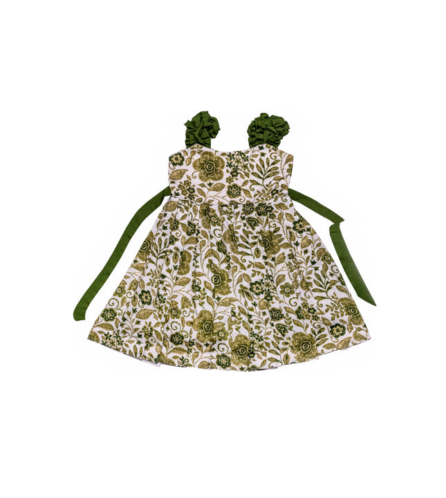 Girls Green Blossom Handblock Printed Kids Frock