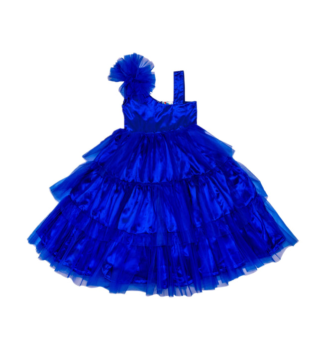 Girls Royal Blue Satin & Net Layered Party Long Frock