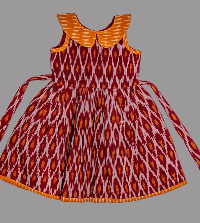 Girls Maroon & Mustard Ikkat Frock