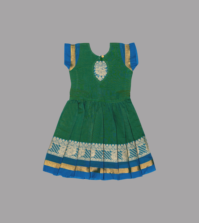 Girls Emerald Green & Royal Blue Cotton Frock with Zari Border