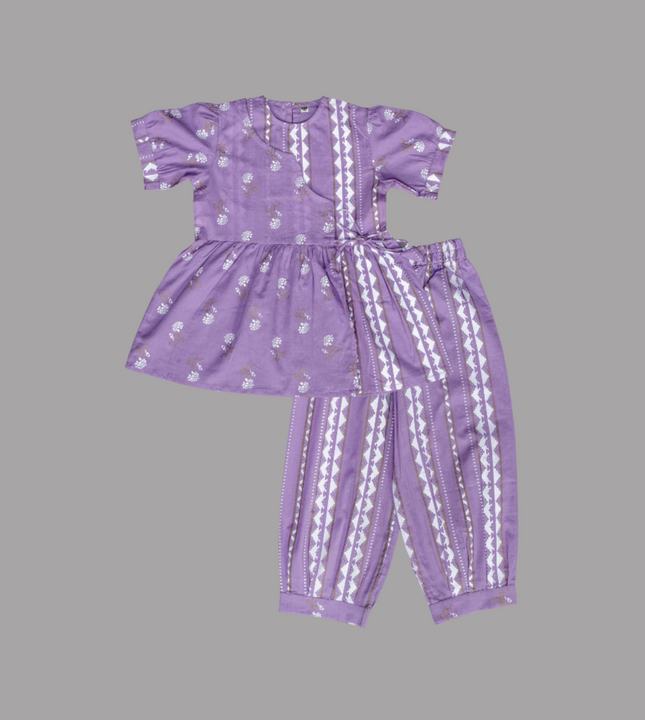 Girls Purple Floral Wrap Kurta & Striped Pants